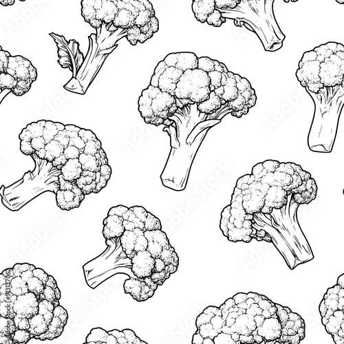 Pattern of broccoli florets and cauliflower pieces in a regular grid, seamless pattern vector