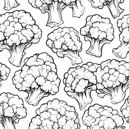 Pattern of broccoli florets and cauliflower pieces in a regular grid, seamless pattern vector