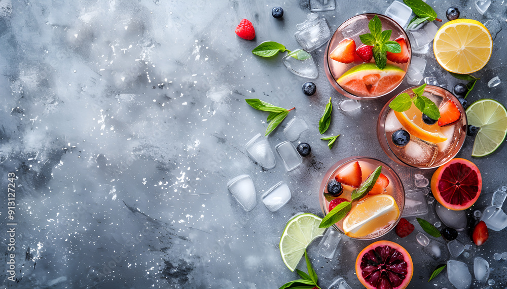 Sangria and ingredients in glasses, copy space Sangria and ingredients in glasses, copy space
