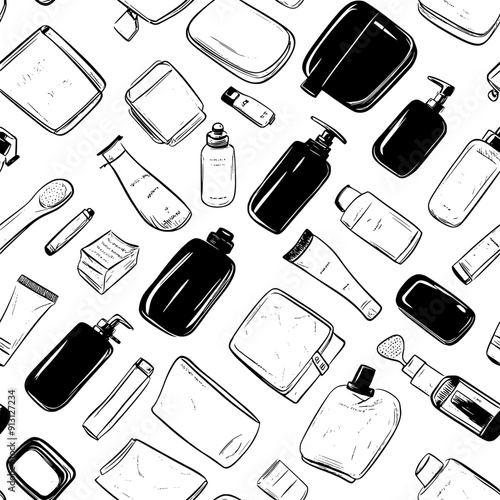 Pattern of travel-sized toiletries and packing cubes, seamless pattern vector
