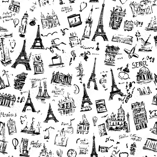 Pattern of travel phrases and foreign language translations, seamless pattern vector