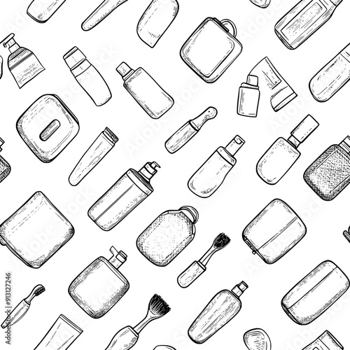 Pattern of travel-sized toiletries and packing cubes, seamless pattern vector