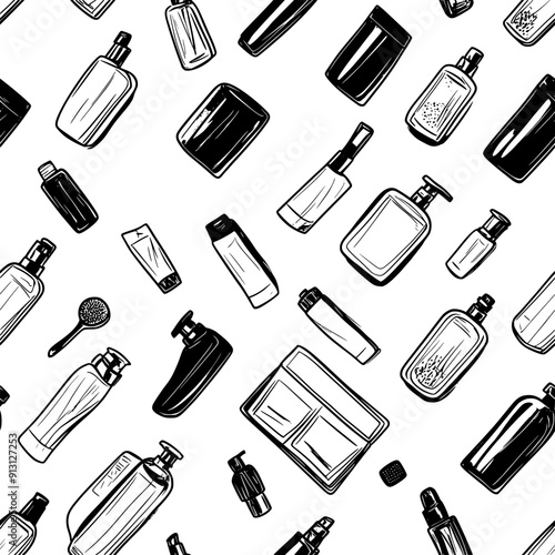 Pattern of travel-sized toiletries and packing cubes, seamless pattern vector