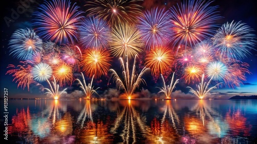 Holiday fireworks above water with reflection on the black sky background 