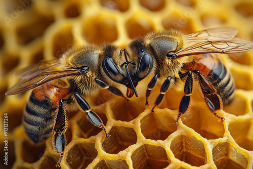 Closeup of bees transporting honey on a beehive. photo