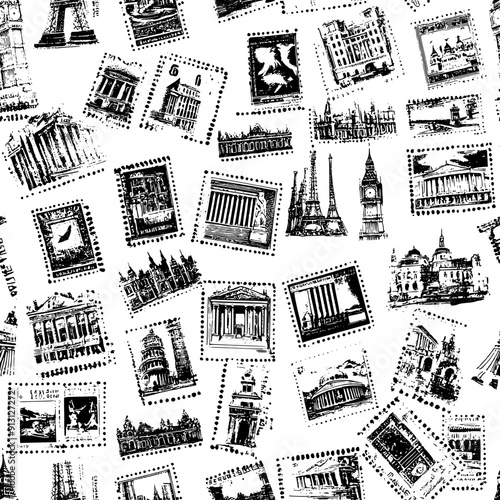 Postage stamps with different landmarks in a repeating sequence, seamless pattern vector