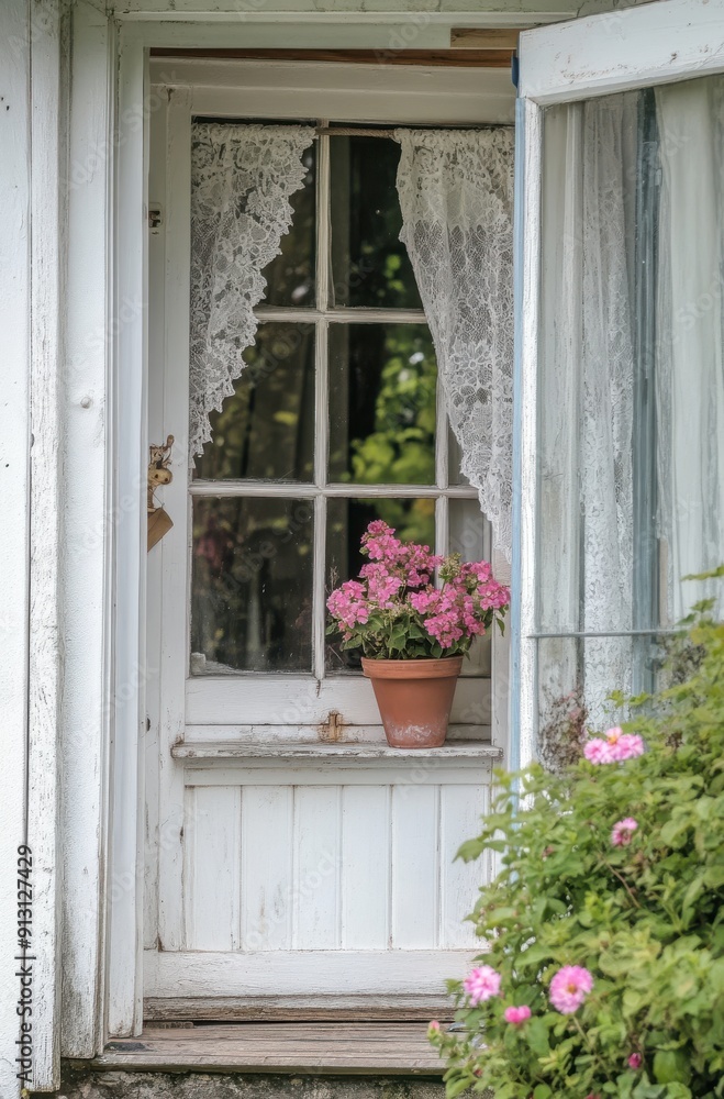 open front door with lace curtains and pink, white flowers in the window boxes open front door with lace curtains and pink, white flowers in the window boxes