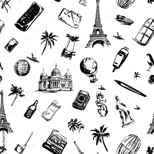Repeating motifs of travel souvenirs and keepsakes, seamless pattern vector
