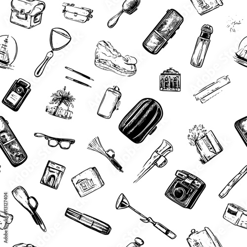 Repeating motifs of travel souvenirs and keepsakes, seamless pattern vector