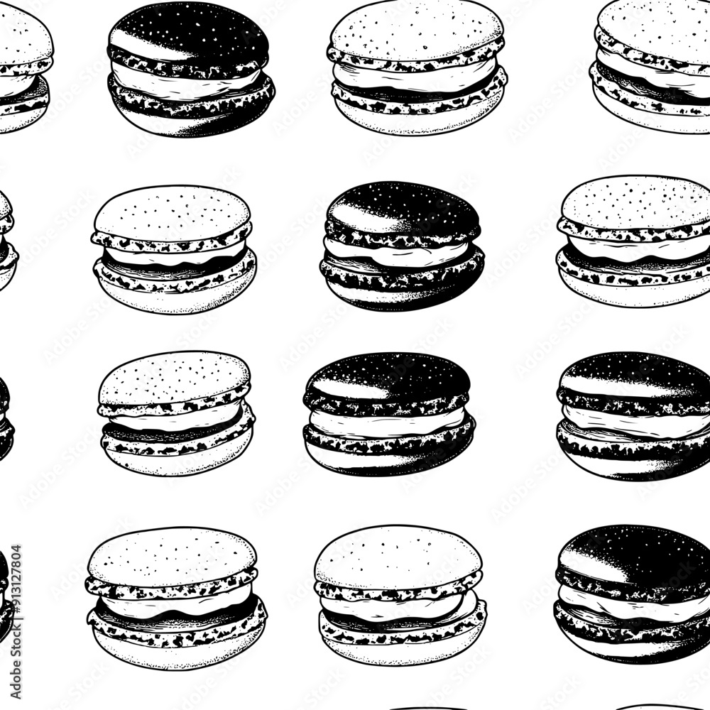Rows of macarons in a uniform arrangement across the paper, seamless pattern vector Rows of macarons in a uniform arrangement across the paper, seamless pattern vector