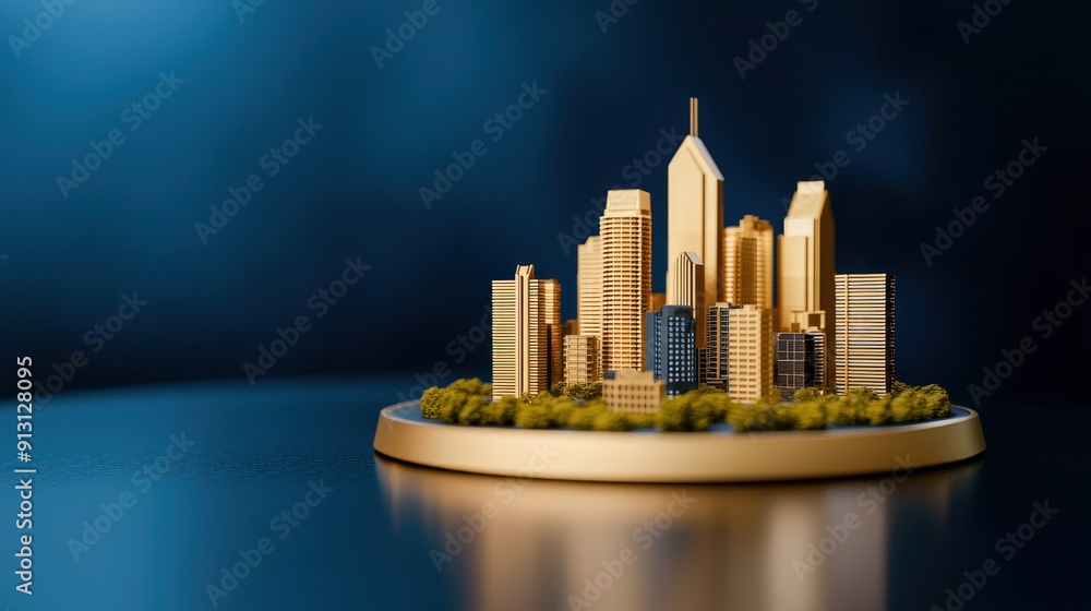 Golden cityscape model displaying modern architecture and greenery on a reflective surface with a dark blue background. Golden cityscape model displaying modern architecture and greenery on a reflective surface with a dark blue background.