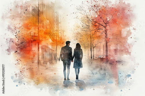 Watercolor painting of a man and woman standing and talking in the city.