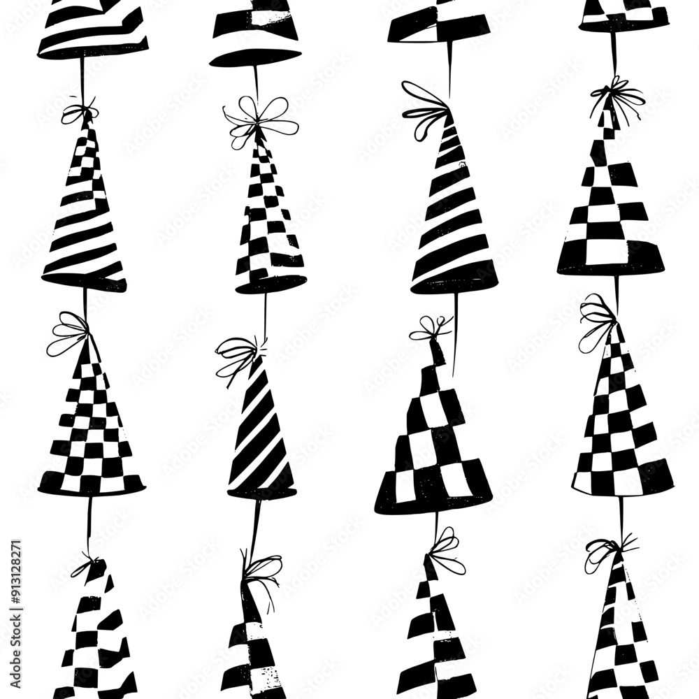 Streamers and party hats arranged in a festive grid, seamless pattern vector Streamers and party hats arranged in a festive grid, seamless pattern vector