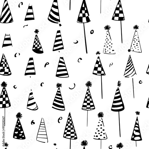 Streamers and party hats arranged in a festive grid, seamless pattern vector