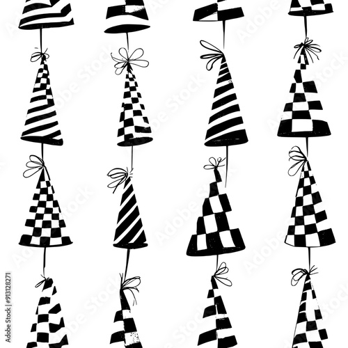 Streamers and party hats arranged in a festive grid, seamless pattern vector