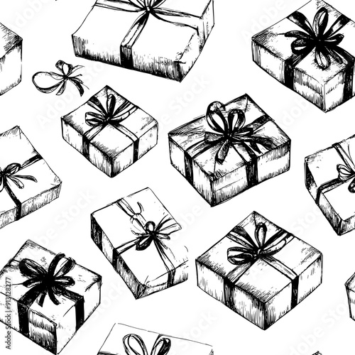 Streamers and wrapped presents in a festive sequence, seamless pattern vector