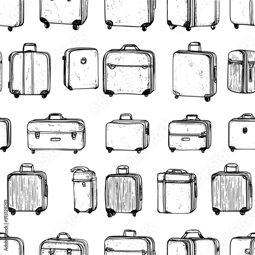 Travel suitcase symbols in a uniform arrangement, seamless pattern vector