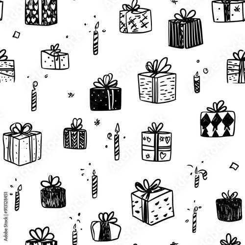 Wrapped presents and birthday wishes in a consistent design, seamless pattern vector