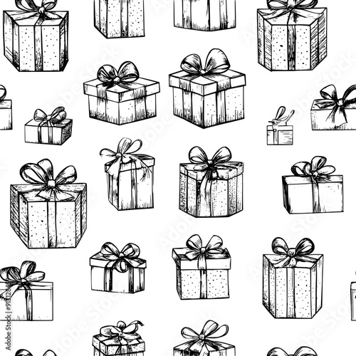 Wrapped presents and bows in a consistent arrangement, seamless pattern vector
