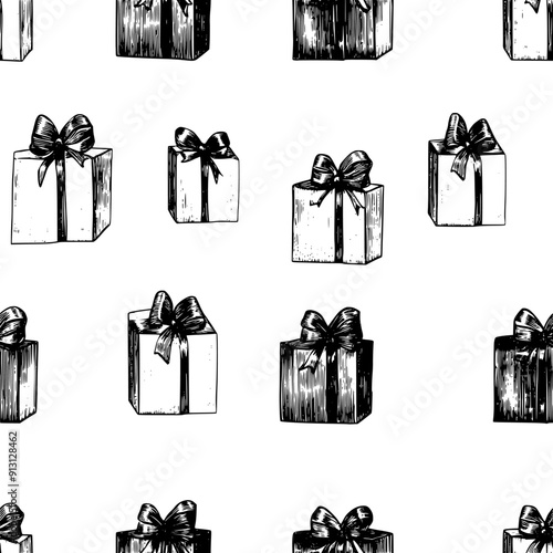 Wrapped presents and bows in a consistent arrangement, seamless pattern vector
