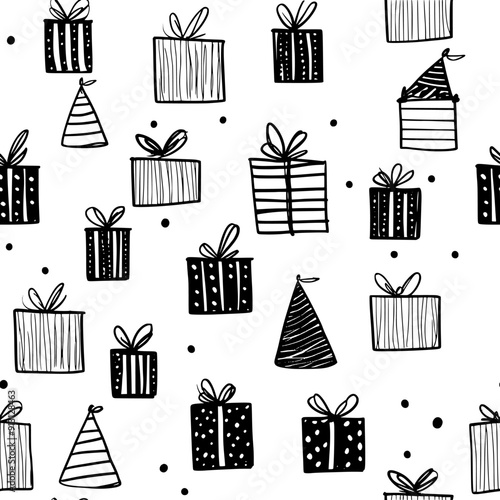 Wrapped presents and party hats in a symmetrical pattern, seamless pattern vector