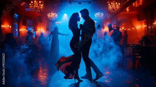 Romantic Couple Dancing in a Dimly Lit Ballroom with Blue and Red Lighting and Fog