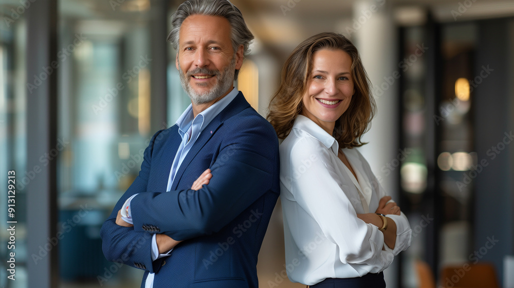 A middle-aged businessman and a middle-aged businesswoman standing with their arms crossed smiling at the camera, standing in an office. A middle-aged businessman and a middle-aged businesswoman standing with their arms crossed smiling at the camera, standing in an office.
