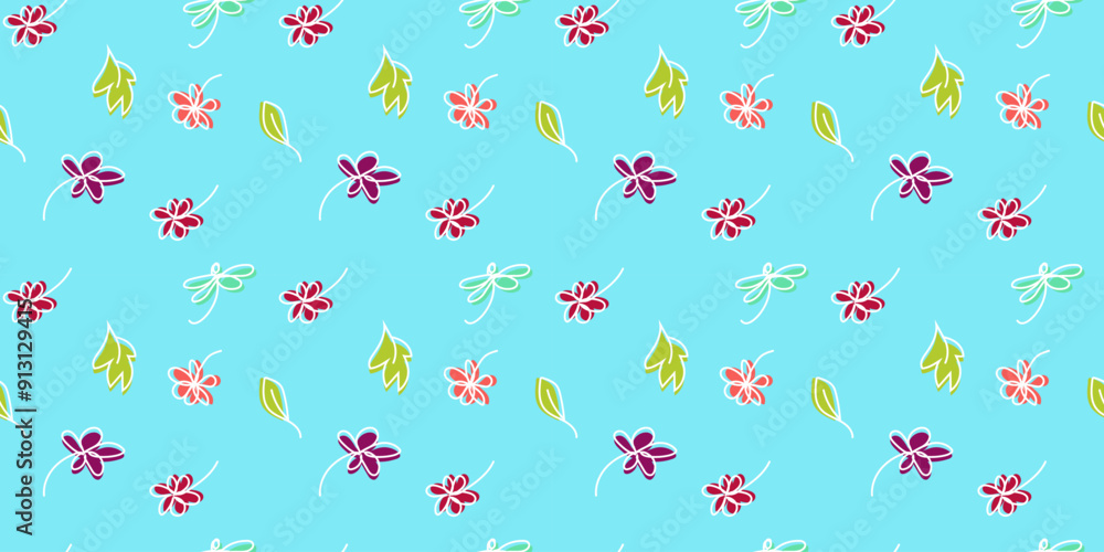 Seamless pattern with hand drawn flowers, leaves, dragonflies. For fabric design, packaging, wallpaper, cover, background. Vector graphics Seamless pattern with hand drawn flowers, leaves, dragonflies. For fabric design, packaging, wallpaper, cover, background. Vector graphics