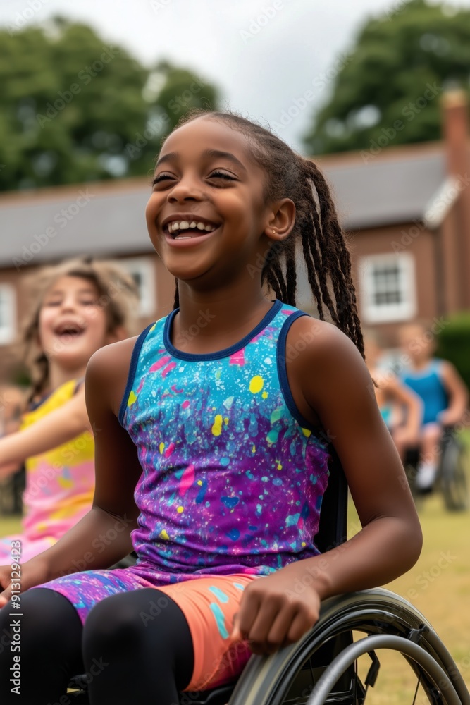 Smiling black girl in wheelchair playing with friends outdoors Smiling black girl in wheelchair playing with friends outdoors