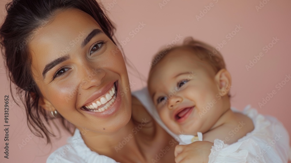 Tender studio image of a Brazilian mother looking adoringly at her happy baby, capturing their loving interaction. Tender studio image of a Brazilian mother looking adoringly at her happy baby, capturing their loving interaction.