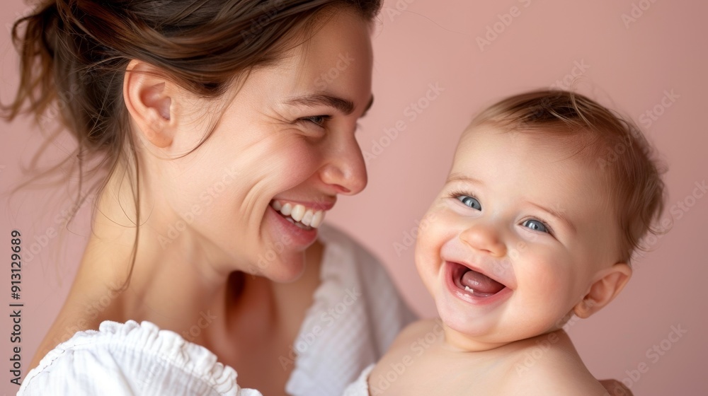 Gentle smiles of a mother and her happy baby, reflecting their mutual affection. Gentle smiles of a mother and her happy baby, reflecting their mutual affection.