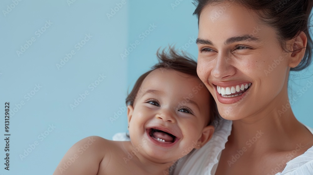 A joyful studio portrait highlighting the warmth and love between a mother and her cheerful baby. A joyful studio portrait highlighting the warmth and love between a mother and her cheerful baby.