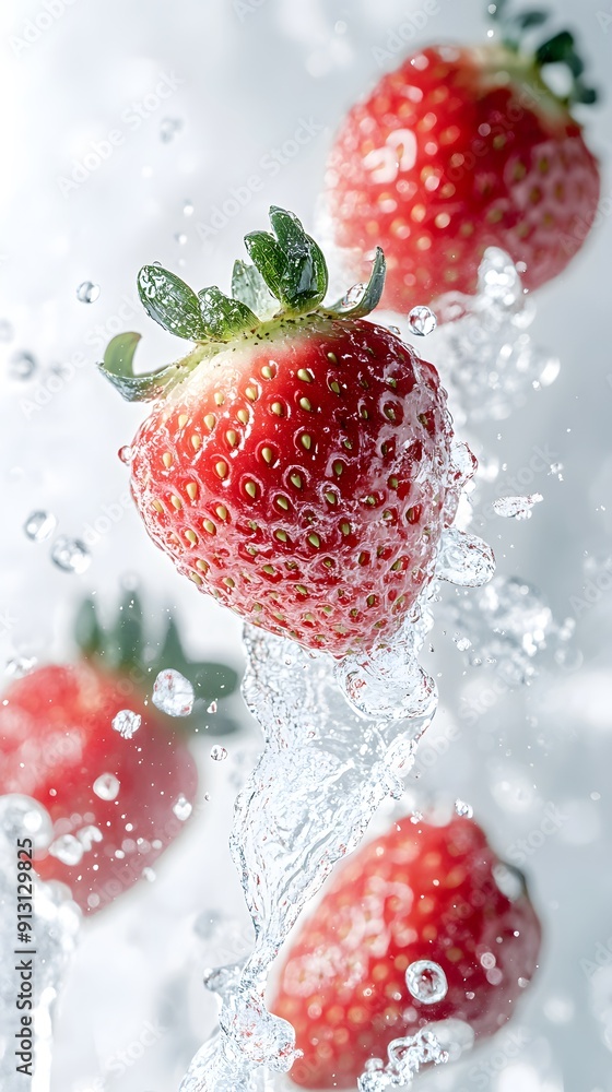 A few strawberries and water splashes in the air against an red background with an strawberries and white color scheme A few strawberries and water splashes in the air against an red background with an strawberries and white color scheme