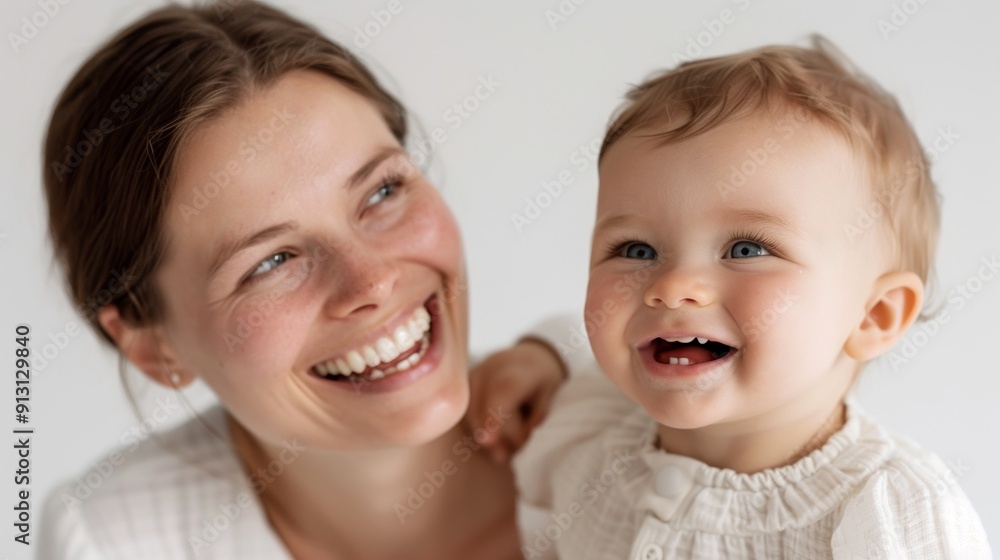 The strong connection between a mother and her smiling baby is showcased in a serene studio. The strong connection between a mother and her smiling baby is showcased in a serene studio.