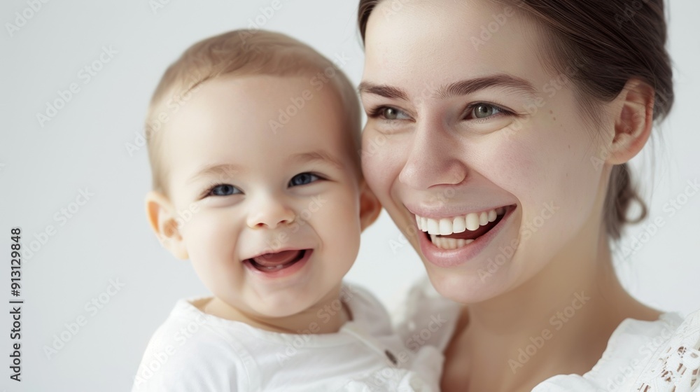 A mother lovingly gazes at her happy baby, capturing their mutual affection in a light studio. A mother lovingly gazes at her happy baby, capturing their mutual affection in a light studio.