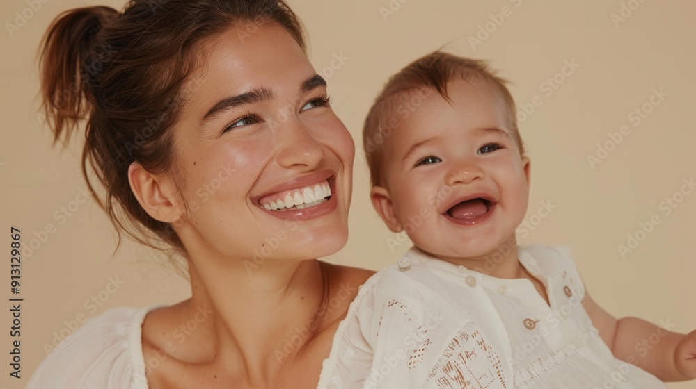 Capturing a tender interaction, a warm studio portrait of a mother and her joyful baby. Capturing a tender interaction, a warm studio portrait of a mother and her joyful baby.