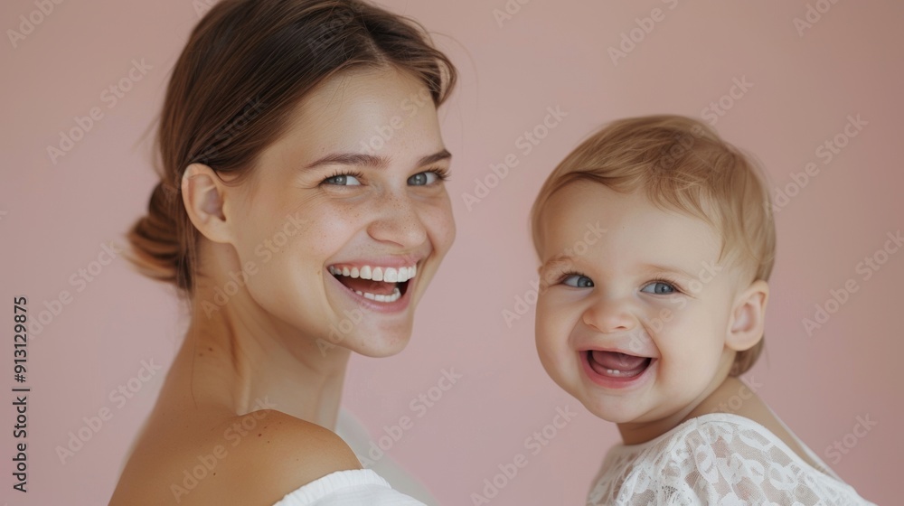 A tender moment between a mother and her happy baby is beautifully reflected in a light studio. A tender moment between a mother and her happy baby is beautifully reflected in a light studio.