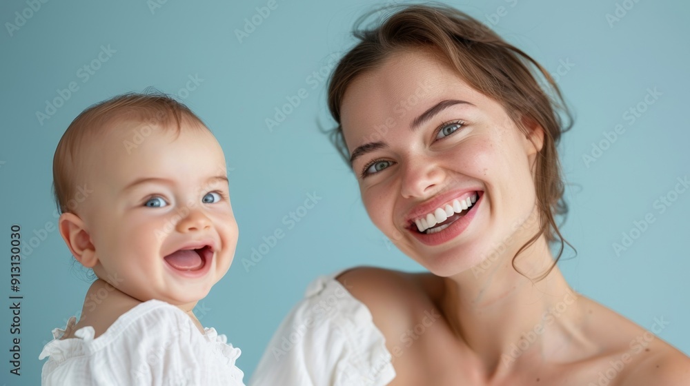 The warmth of a mother's smile and her baby's joyful expression shine brightly in a light-filled studio. The warmth of a mother's smile and her baby's joyful expression shine brightly in a light-filled studio.