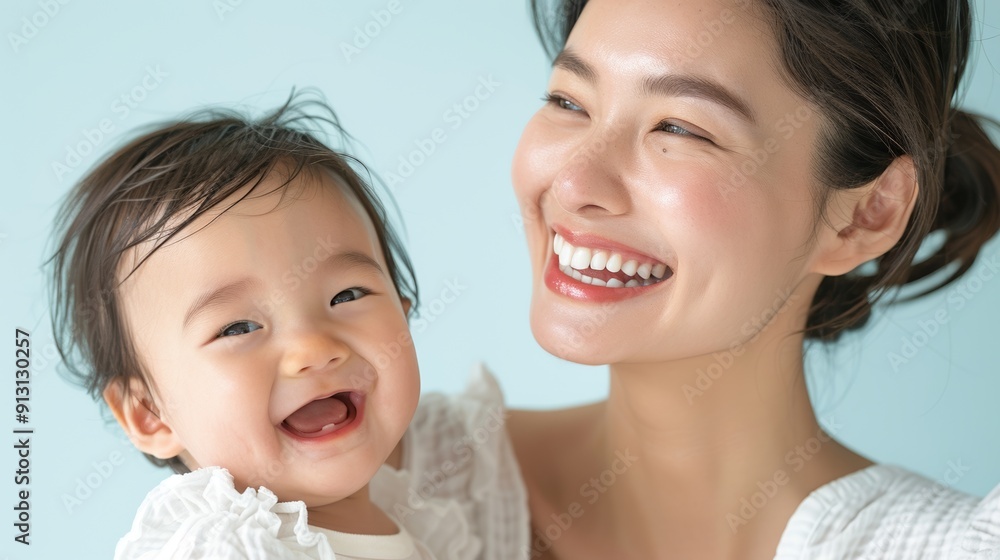 Studio image of an Asian mother and her smiling baby, radiating love and happiness in a bright, airy environment Studio image of an Asian mother and her smiling baby, radiating love and happiness in a bright, airy environment