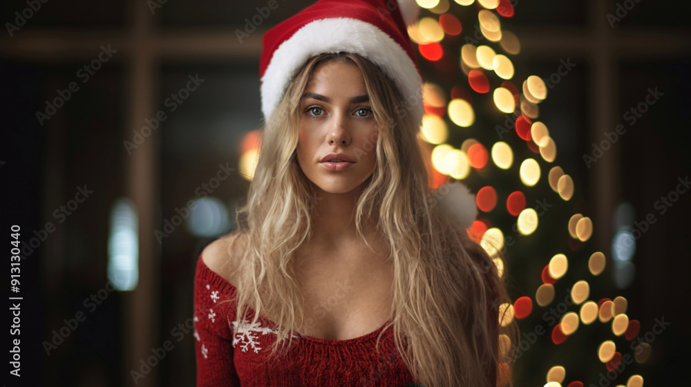 young blonde woman deep in thought, wearing santa claus hat, standing in front of christmas tree in dark room at night, sad and thoughtful or lonely and alone on christmas eve, wishes and fantasy young blonde woman deep in thought, wearing santa claus hat, standing in front of christmas tree in dark room at night, sad and thoughtful or lonely and alone on christmas eve, wishes and fantasy