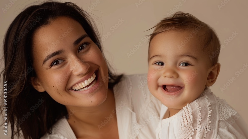 Heartfelt smiles shared between a Brazilian mother and her happy baby, beautifully portrayed in a bright studio. Heartfelt smiles shared between a Brazilian mother and her happy baby, beautifully portrayed in a bright studio.