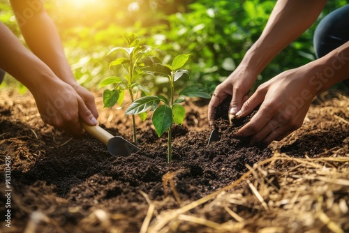 hands planting a tree in soil, on top is a wooden trowel with black dirt and green leaves inside