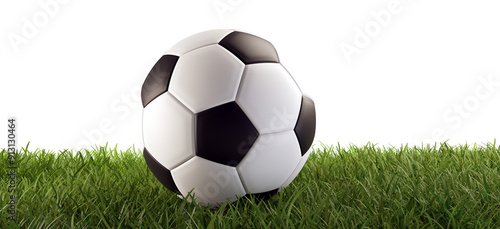 white black soccer ball in green grass, blades of grass closeup, green soccer field meadow