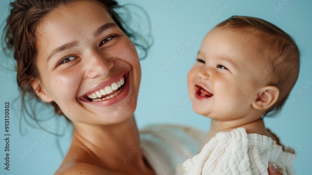 A mother's tender gaze at her beaming baby beautifully highlights their affectionate relationship in a light studio. A mother's tender gaze at her beaming baby beautifully highlights their affectionate relationship in a light studio.