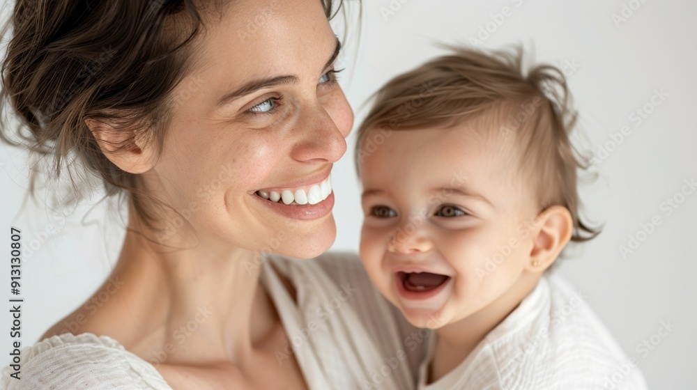 Capturing a warm moment, a mother and her delighted baby share a heartfelt connection in a serene studio. Capturing a warm moment, a mother and her delighted baby share a heartfelt connection in a serene studio.
