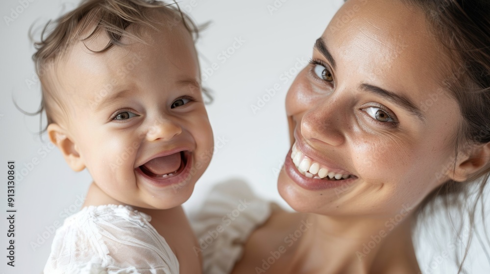A mother's soft smile and her baby's joyful expression create a heartwarming scene in a bright studio setting. A mother's soft smile and her baby's joyful expression create a heartwarming scene in a bright studio setting.