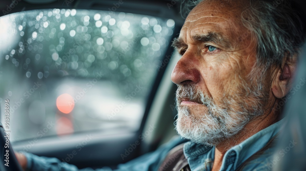 Pensive expression on a middle-aged driver in a rainy car ride, closeup. Pensive expression on a middle-aged driver in a rainy car ride, closeup.