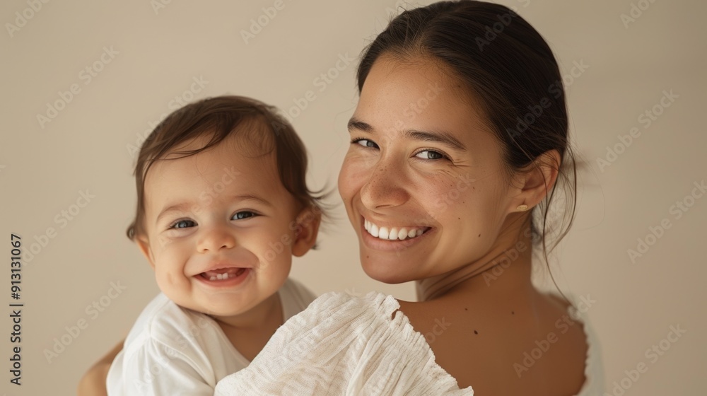 Affectionate studio photo of a mother and her happy baby, radiating love and warmth. Affectionate studio photo of a mother and her happy baby, radiating love and warmth.