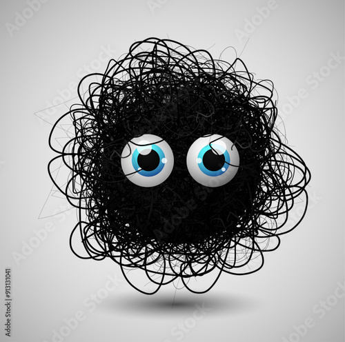 Vector cute fluffy character design,  with googly eyes. Funny monster mascote with black curly hair. photo