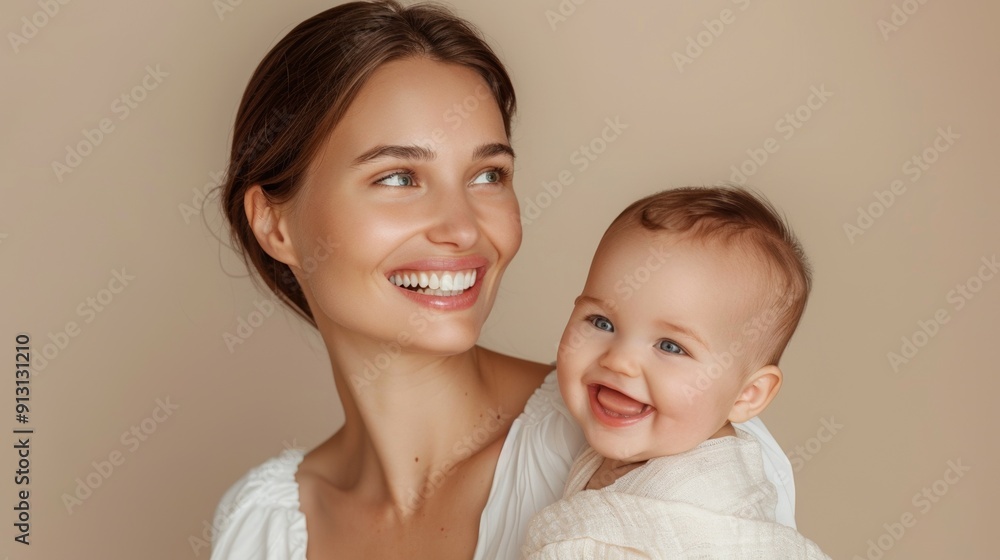 The loving gaze of a mother towards her cheerful baby highlights their deep bond in a serene studio environment. The loving gaze of a mother towards her cheerful baby highlights their deep bond in a serene studio environment.